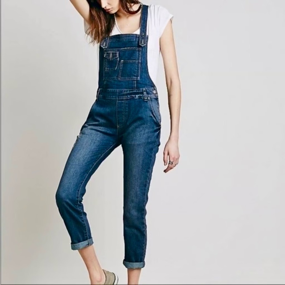 Free People Blue Denim Overalls Relaxed Fit